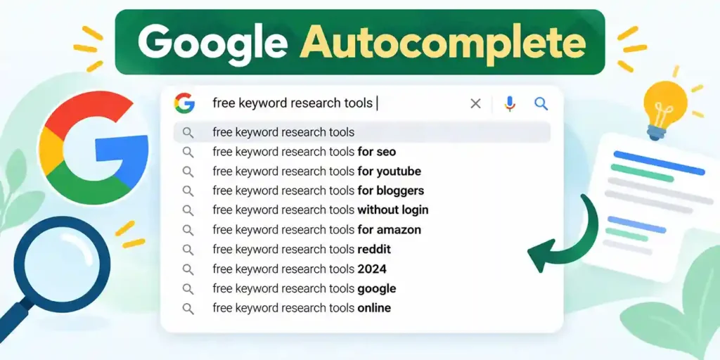 Google Autocomplete reveals related search queries that can inspire keyword ideas for your blog.