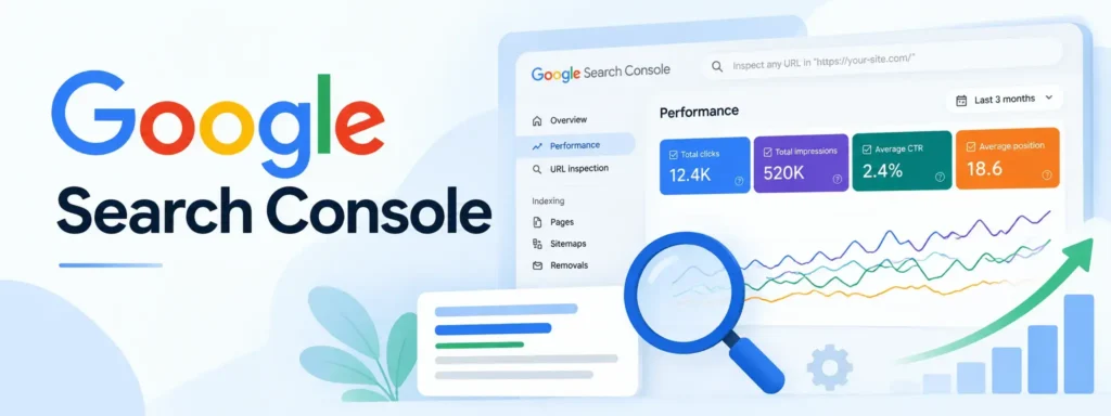 Google Search Console performance dashboard showing clicks, impressions, CTR, and search position.