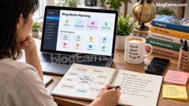 Blogger researching profitable blogging niches using a website planning dashboard and handwritten content ideas.