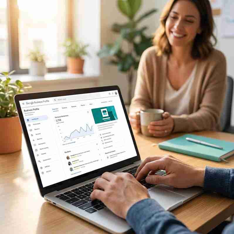 Business owner reviewing local business information and service details.