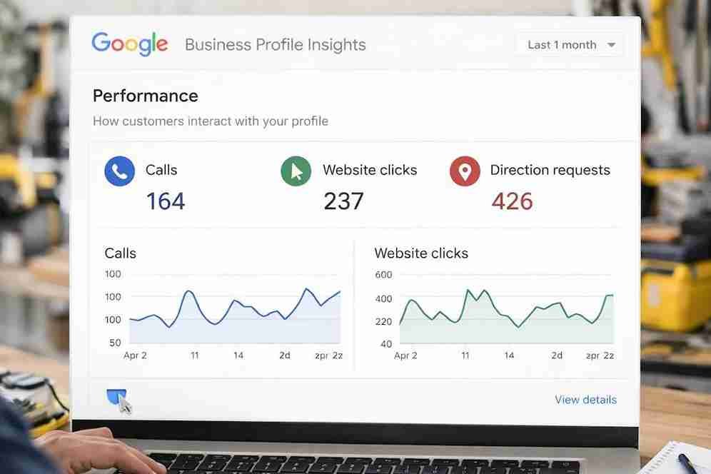 Example dashboard showing search visibility, website traffic and lead measurement.