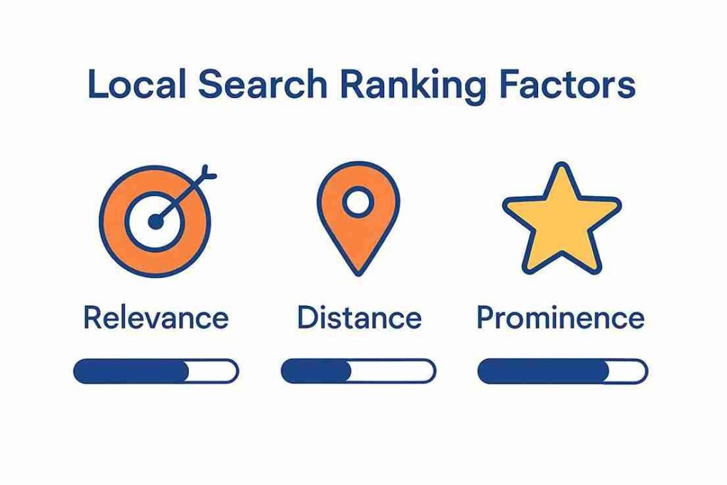 Diagram explaining relevance, distance and prominence in local search.