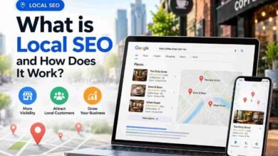 What is Local SEO and how it works, featuring local business search results, Google Maps pins, and a laptop and smartphone displaying nearby businesses.