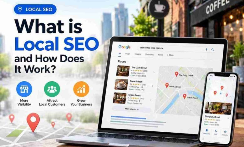What is Local SEO and how it works, featuring local business search results, Google Maps pins, and a laptop and smartphone displaying nearby businesses.