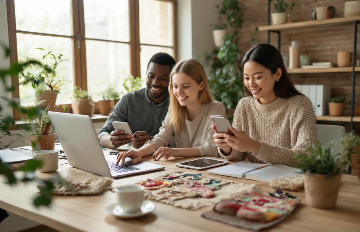 Create a realistic image of a diverse group showing a young white female typing on a laptop, a black male holding a smartphone with a satisfied expression, and an Asian female organizing handmade crafts on a desk, all positioned around a modern workspace with multiple devices including tablets and notebooks scattered on a wooden table, warm natural lighting streaming through a window creating an inspiring and productive atmosphere, with plants and coffee cups as complementary elements in the background, conveying success and financial freedom through online opportunities, absolutely NO text should be in the scene.