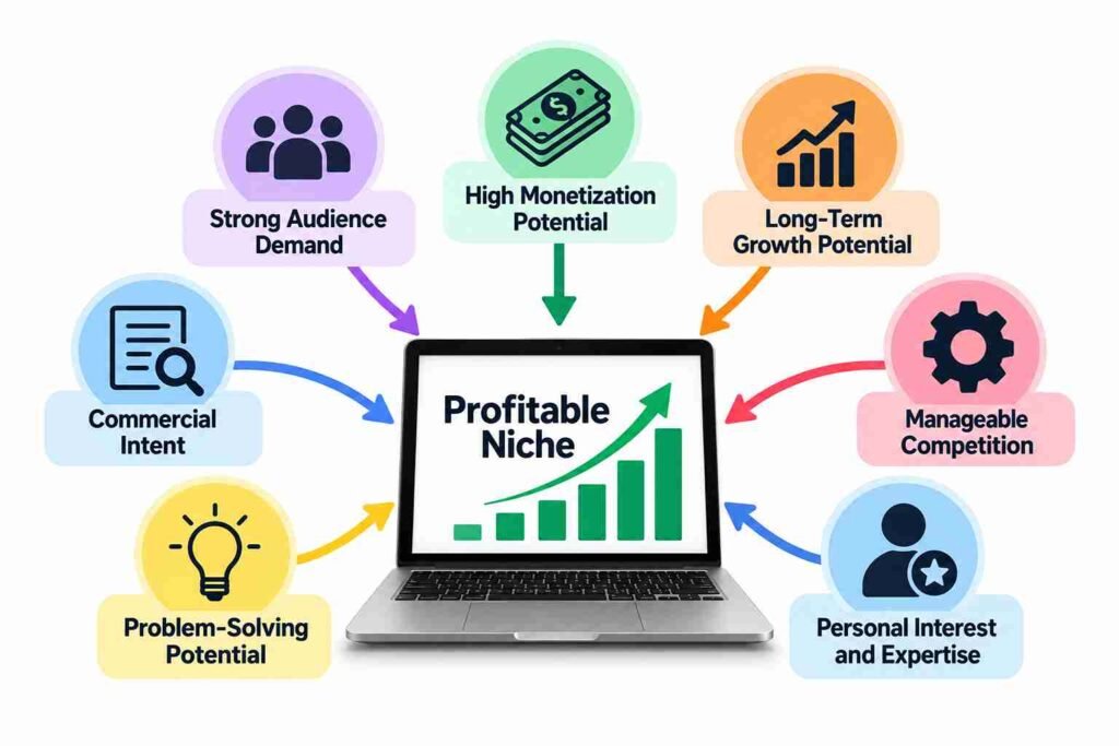 The most important factors that make a niche profitable, including audience demand, monetization potential, manageable competition, commercial intent, problem-solving potential, personal expertise, and long-term growth.