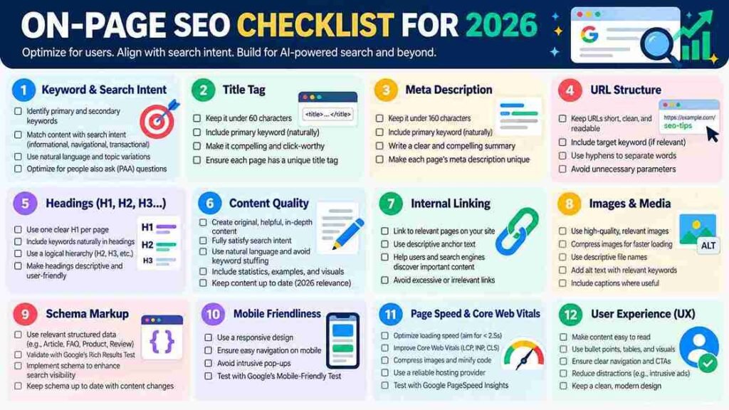 On-page SEO checklist for optimizing a website in 2026